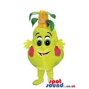 Pears mascot with cute smile and with green clothes and shoes -