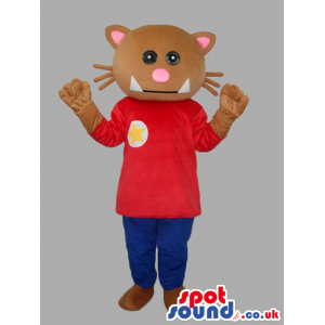 Brown And Pink Cat Animal Mascot With T-Shirt And Pants -