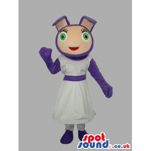 Purple Customizable Mascot With A White Dress And Green Eyes -