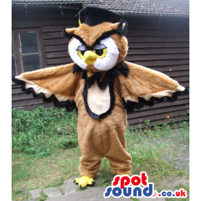 Customizable Brown And White Owl Bird Mascot With Yellow Beak -