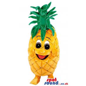 Pineapple mascot with green hair and yellow body and socks -