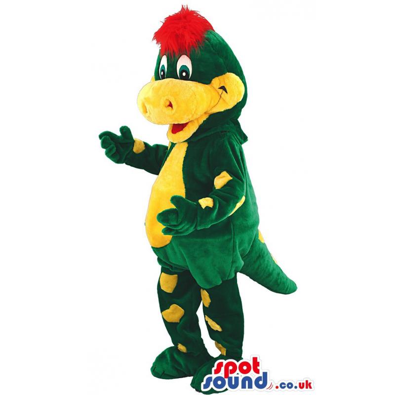 Big green and yellow friendly crocodile mascot with red hair -