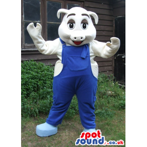 Customizable White Pig Animal Mascot Wearing Blue Overalls -