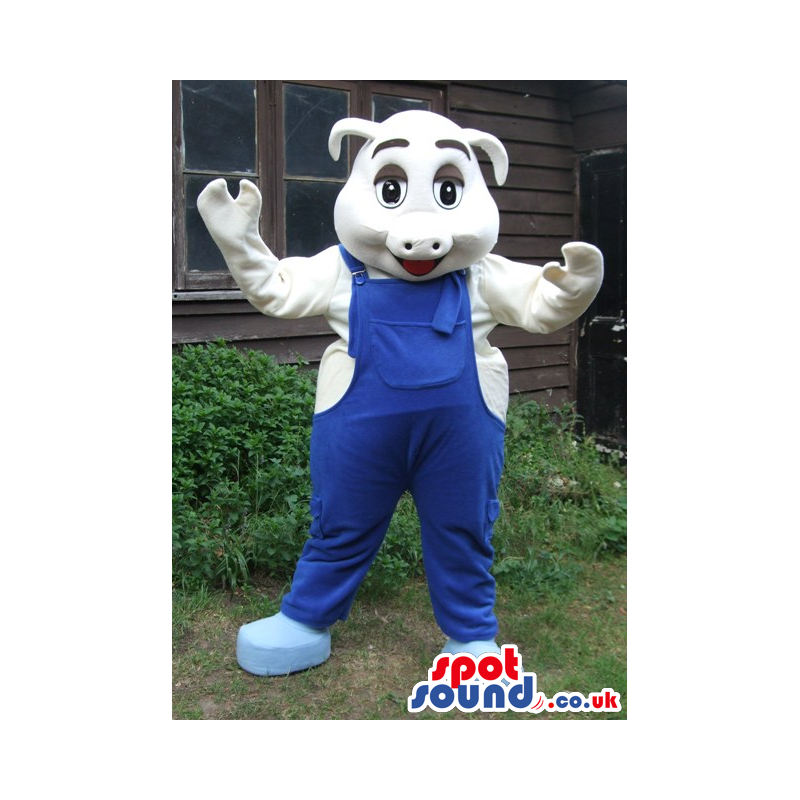 Customizable White Pig Animal Mascot Wearing Blue Overalls -