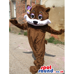 Brown And White Plush Cat Animal Mascot Wearing A Purple Flower