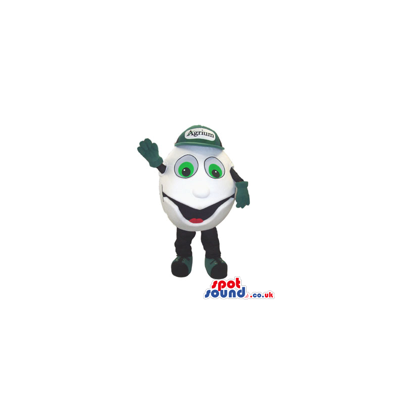 Customizable White Ball Mascot Wearing Green Advertising Cap -