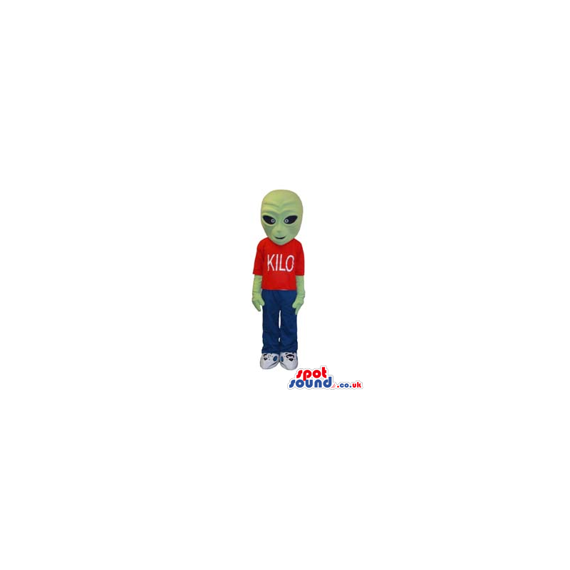 Green Customizable Alien Mascot Wearing Red T-Shirt - Custom