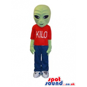 Green Customizable Alien Mascot Wearing Red T-Shirt - Custom