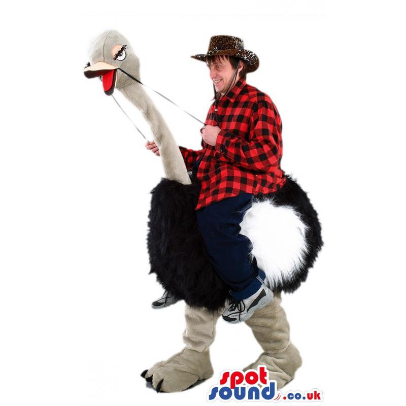 Ostrich mascot with gray body with black feathers - Custom