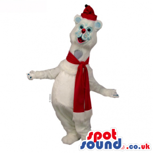 Customizable White Polar Bear Mascot Wearing A Red Scarf And