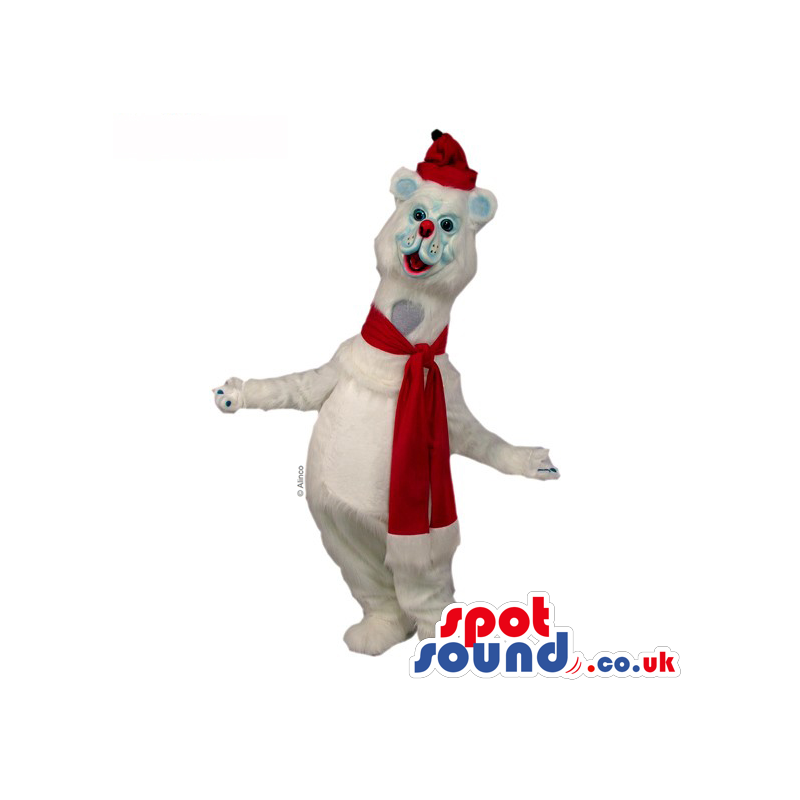Customizable White Polar Bear Mascot Wearing A Red Scarf And