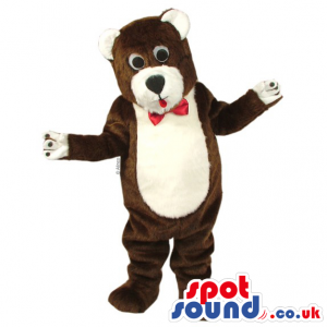 Customizable Brown And White Teddy Bear Mascot With Red Bow Tie