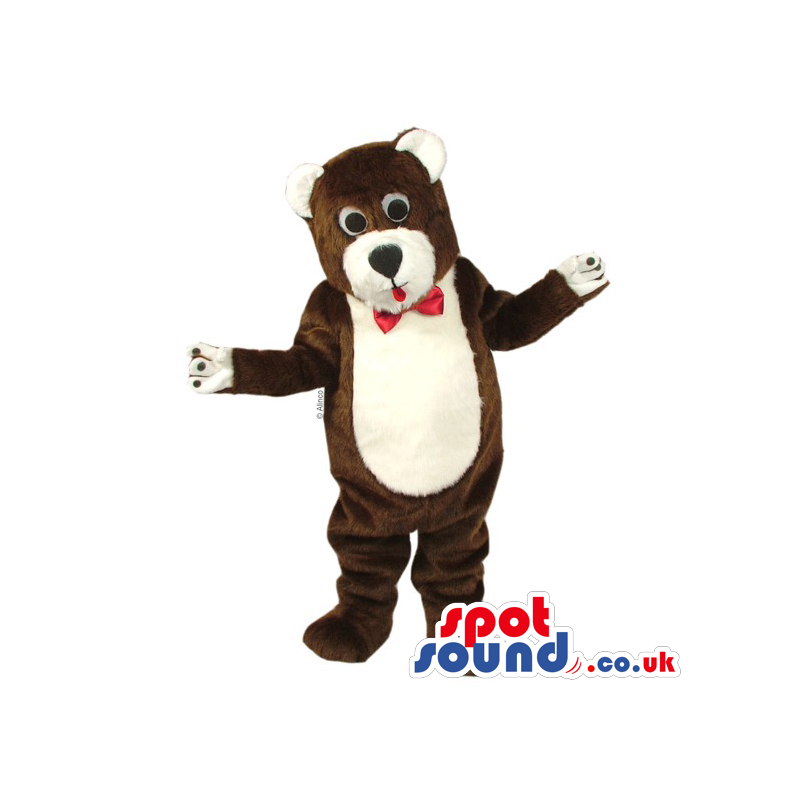 Customizable Brown And White Teddy Bear Mascot With Red Bow Tie