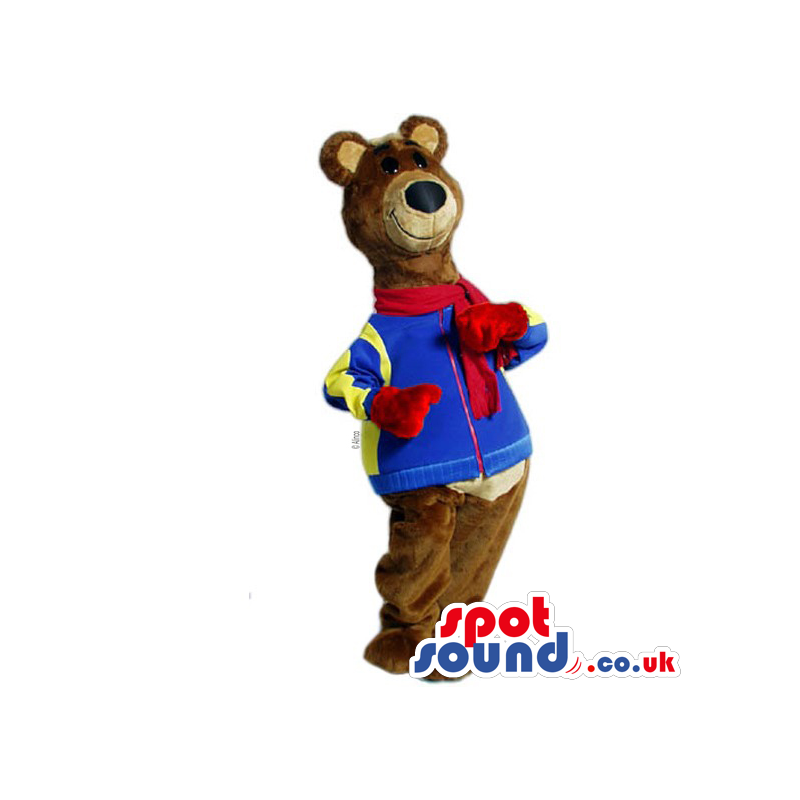 Customizable Brown Plush Bear Wearing A Jacket And A Red Scarf