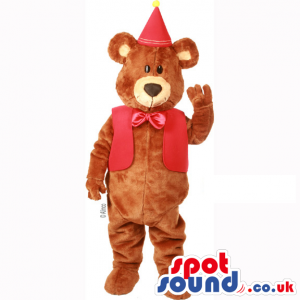 Customizable Brown Teddy Bear Wearing A Red Vest And Party Hat