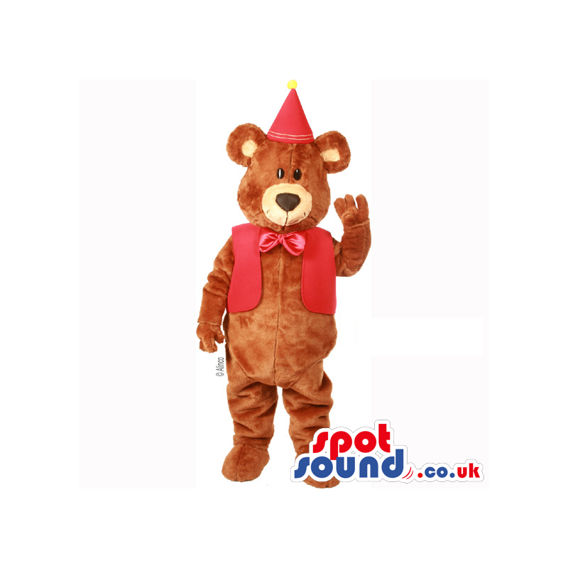 Customizable Brown Teddy Bear Wearing A Red Vest And Party Hat