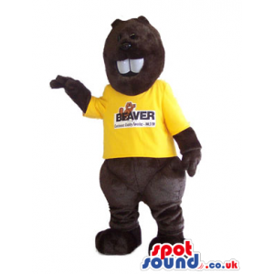 Customizable Dark Brown Beaver Mascot With Yellow T-Shirt -