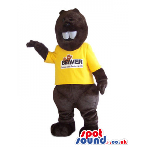 Customizable Dark Brown Beaver Mascot With Yellow T-Shirt -