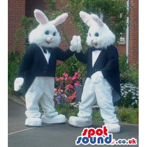 2 white rabbit mascots wearing blue coat keeping hands together