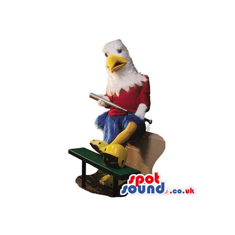 Eagle Mascot With Red And Blue Garments And A Baseball Bat -