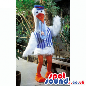 White Stork Bird Mascot Wearing Blue Garments With A Baby Doll