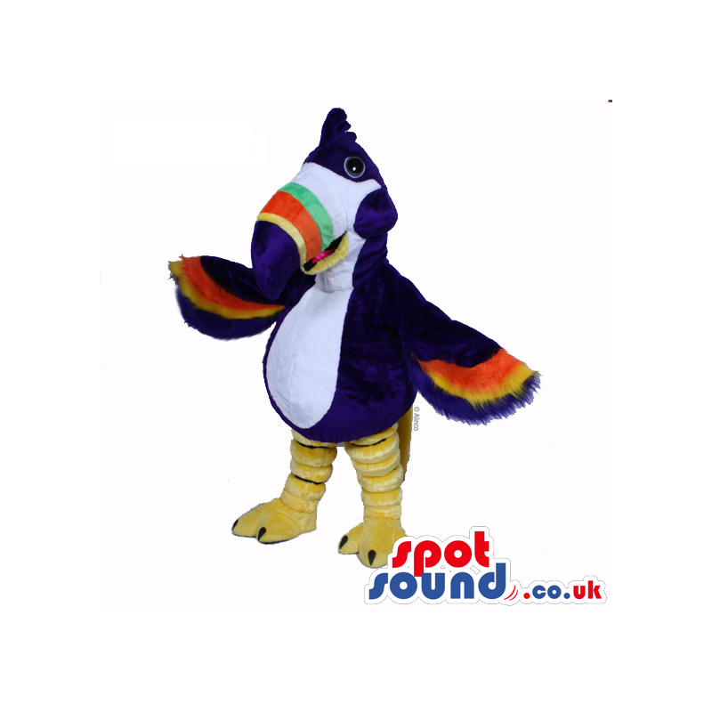 Customizable Blue Pelican Mascot With Colorful Wings And Beak -
