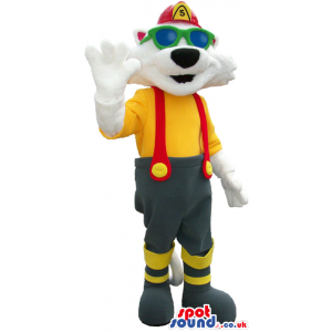White Cat Mascot Wearing Fireman Garments And Sunglasses -