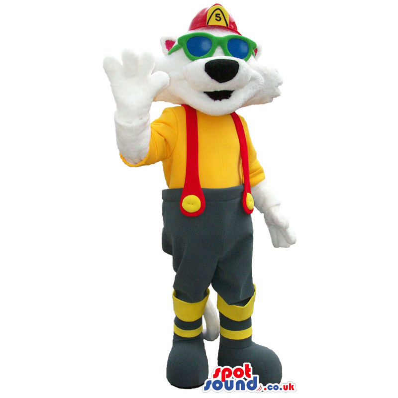 White Cat Mascot Wearing Fireman Garments And Sunglasses -