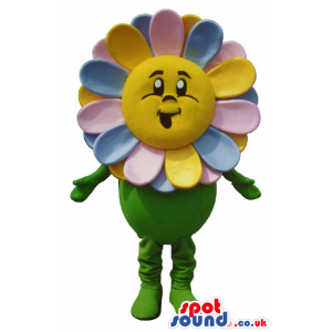 Flower Mascot With Yellow, Blue And Pink Petals And Happy Face