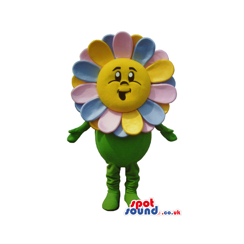 Flower Mascot With Yellow, Blue And Pink Petals And Happy Face