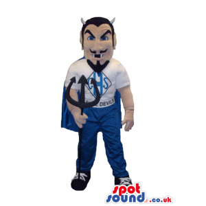 Devil Human Mascot With A Blue Cape And A Pitch Fork - Custom