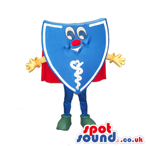 Funny Blue Shield Mascot With Healthcare Symbol Wearing A Cape