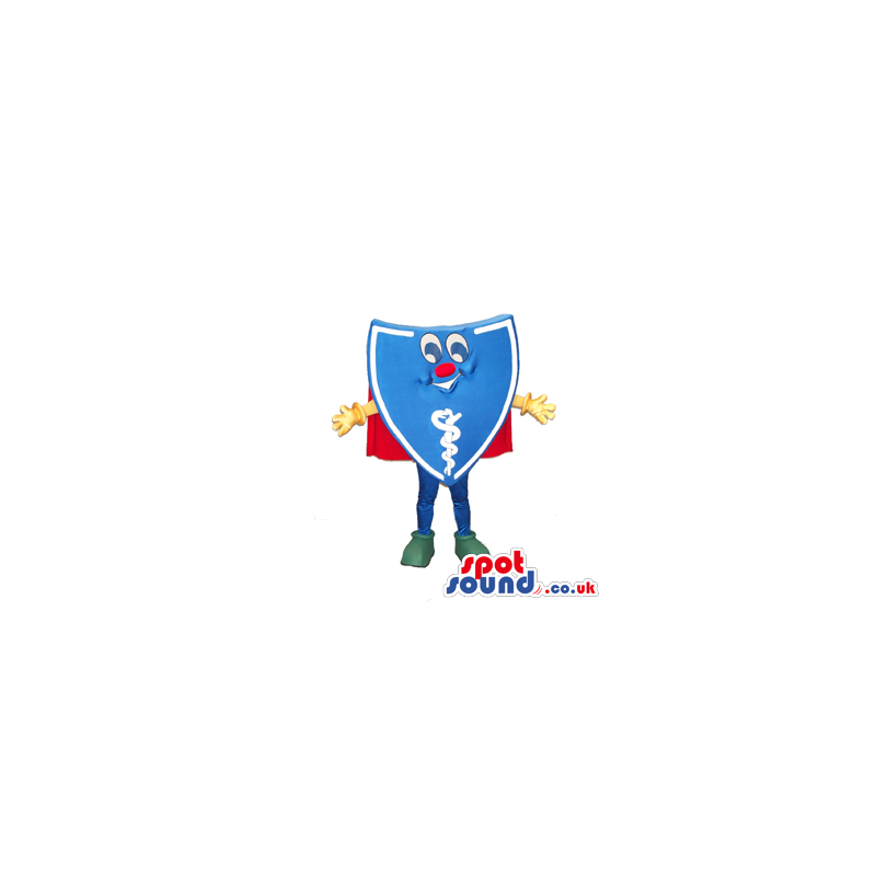 Funny Blue Shield Mascot With Healthcare Symbol Wearing A Cape