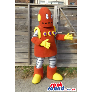 Customizable Red And Yellow Robot Mascot With Buttons - Custom