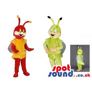 Two bee mascot dressed up in green and red and with antenna's -