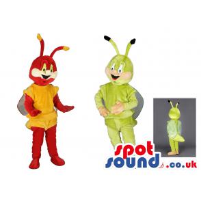 Two bee mascot dressed up in green and red and with antenna's -