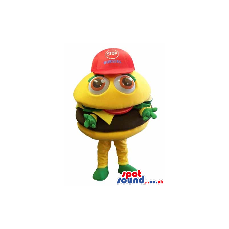 Customizable Funny Big Hamburger Mascot Wearing A Red Cap -