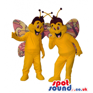 Two Funny Yellow Butterfly Mascots With Colorful Wings - Custom