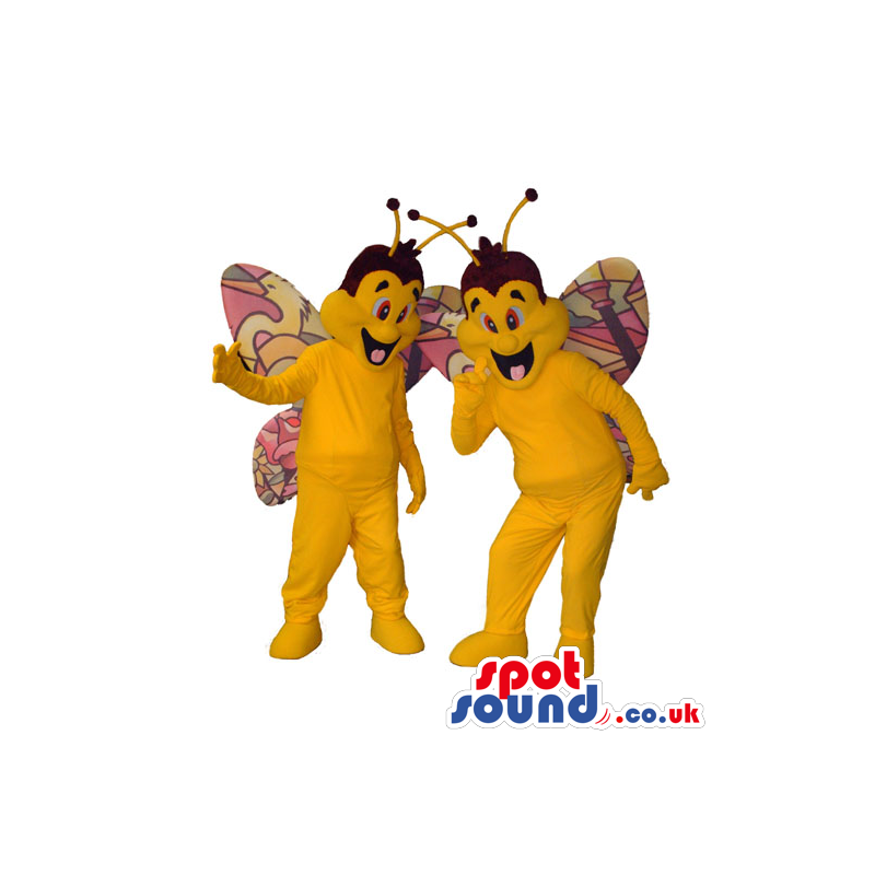 Two Funny Yellow Butterfly Mascots With Colorful Wings - Custom