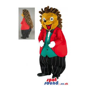 Funny Hedgehog mascot with a red coat and black trouser -