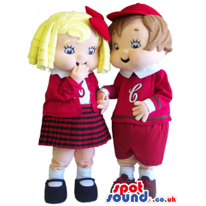 Boy And Girl Mascot Wearing Red And White School Uniform -