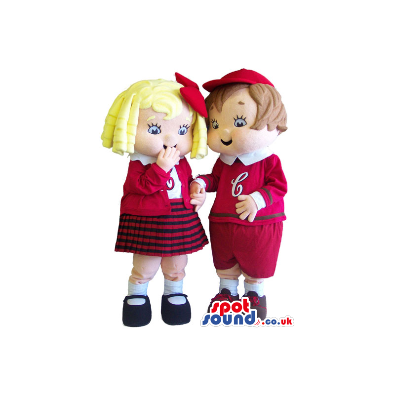 Boy And Girl Mascot Wearing Red And White School Uniform -