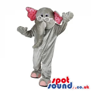 Funny Grey Elephant Animal Mascot With Pink Dots And Glasses -