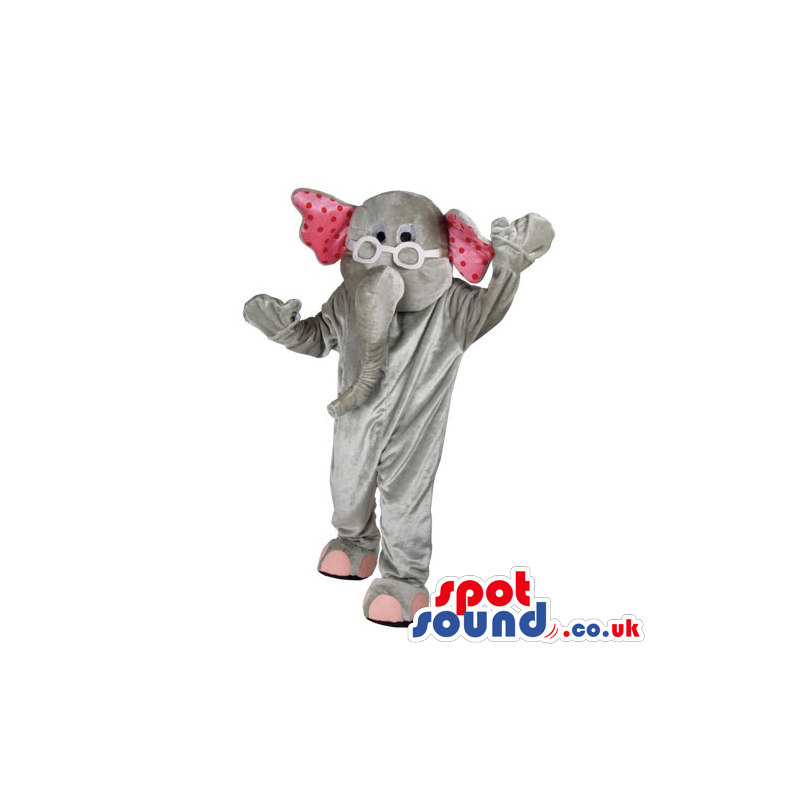 Funny Grey Elephant Animal Mascot With Pink Dots And Glasses -