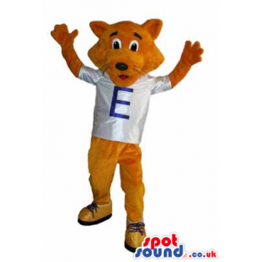 Brown Fox Animal Mascot Wearing A Letter T-Shirt And Sneakers -