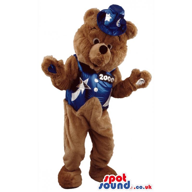 Happy Brown bear mascot with a blue hat enjoying - Custom