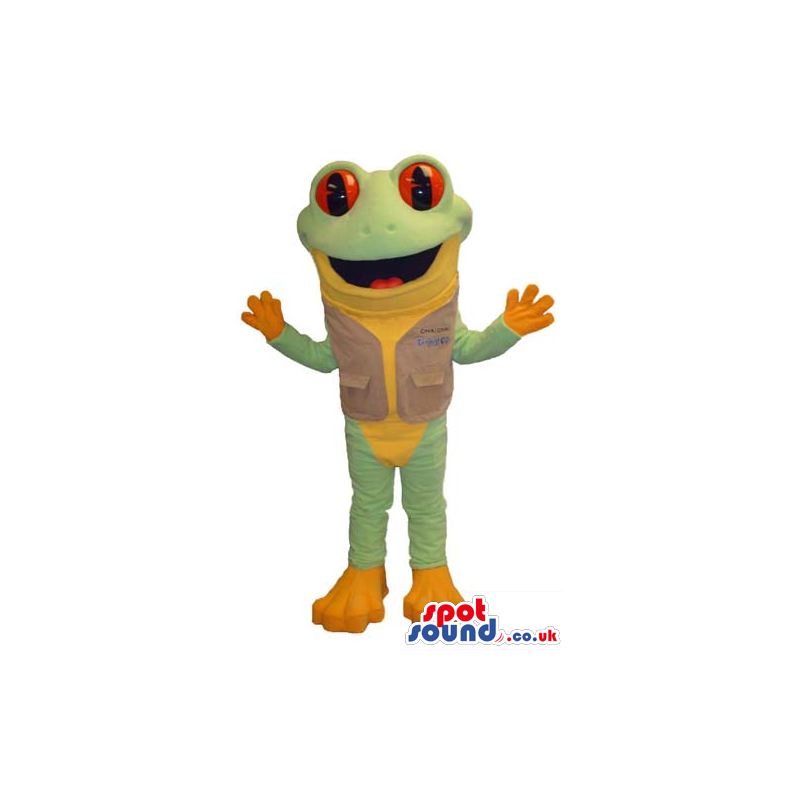 Green And Orange Frog Mascot Wearing A Vest With Red Eyes -