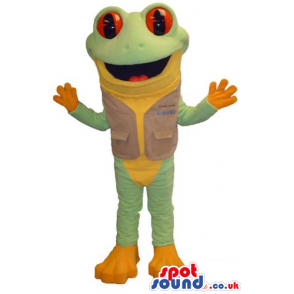 Green And Orange Frog Mascot Wearing A Vest With Red Eyes -