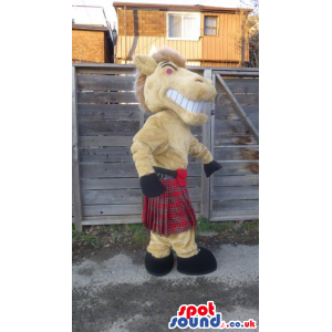 Yellow Horse Animal Mascot Wearing A Red Scottish Kilt - Custom