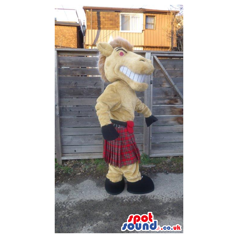 Yellow Horse Animal Mascot Wearing A Red Scottish Kilt - Custom